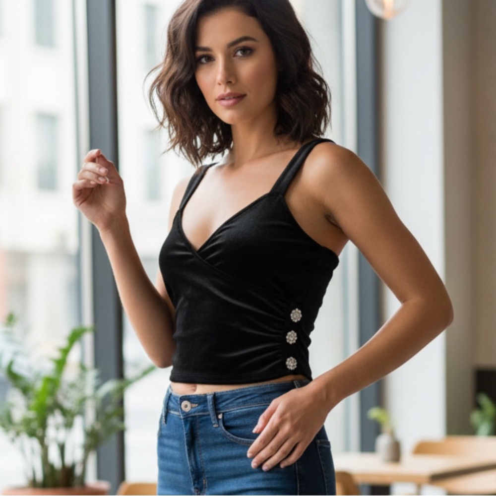 Rabbit Rose Black Cropped Velvet Top Embellished